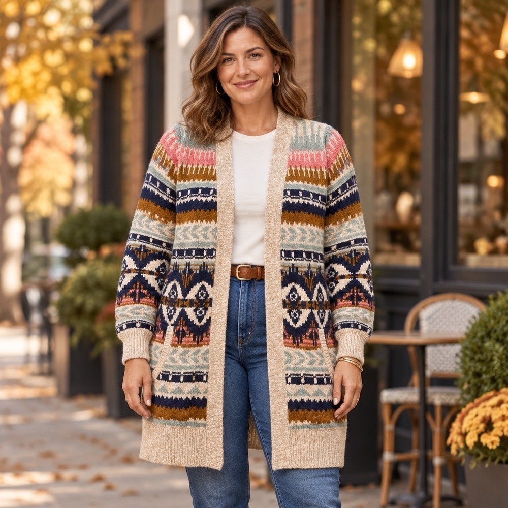 L.L. Bean Fair Isle Cotton Heavy Cardigan Boho Artsy Sweater Cottagecore Sz XL